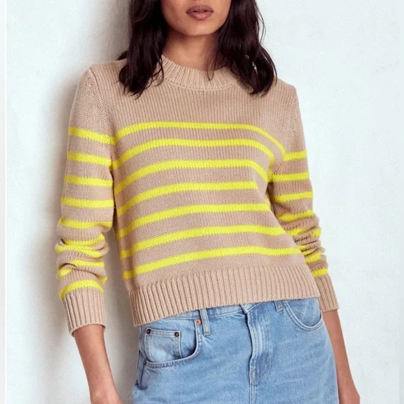 Boden Lucy chunky cotton sweater size medium camel brown neon yellow stripes - Picture 1 of 7